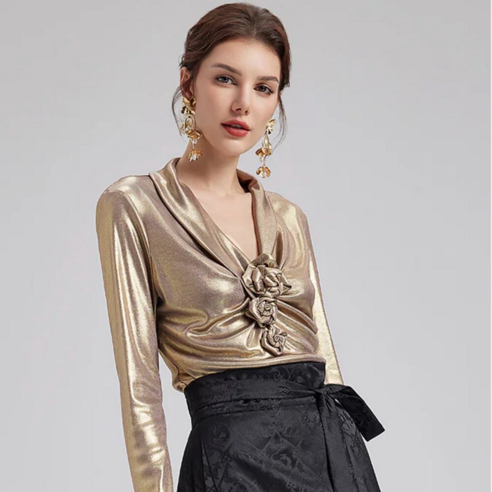 RICH RADI Q's Custom Rose Blouse Metallic Gold Medium Retail $269